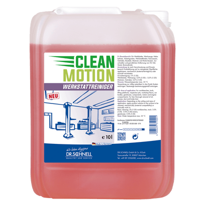 A 10-liter Dr. Schnell CLEANMOTION WORKSHOP CLEANER from DR.SCHNELL GmbH & Co. KGaA with red liquid and a label with a car workshop motif and German product information - ideal for effective workshop cleaning.