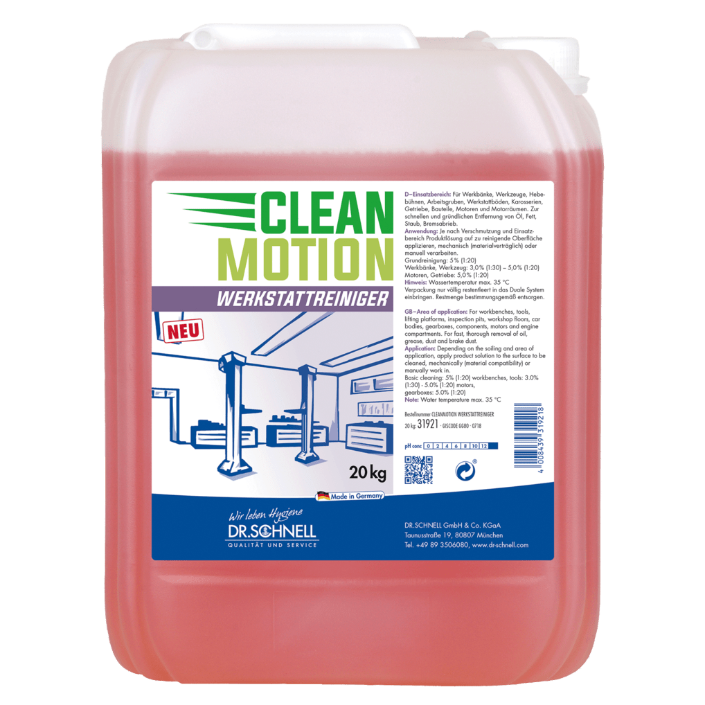 A 20 kg plastic container of DR.SCHNELL GmbH & Co. KGaA Dr. Schnell CLEANMOTION WORKSHOP CLEANER with red liquid and a label with product information, instructions, and a workshop with lifts for effective cleaning.