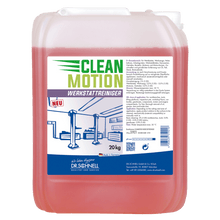A 20 kg plastic container of DR.SCHNELL GmbH & Co. KGaA Dr. Schnell CLEANMOTION WORKSHOP CLEANER with red liquid and a label with product information, instructions, and a workshop with lifts for effective cleaning.