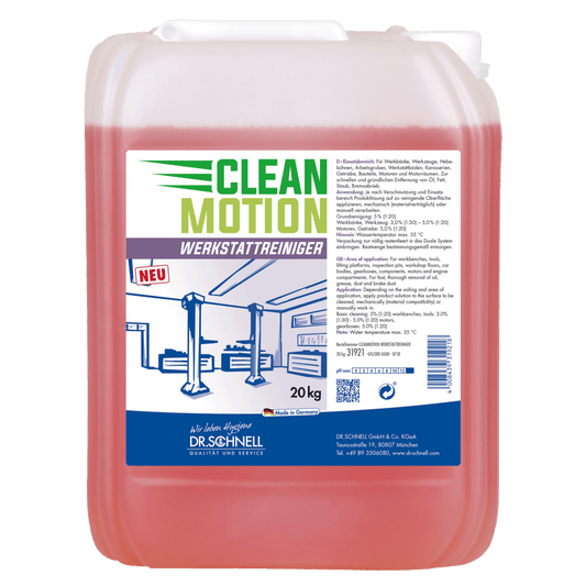 A 20 kg plastic container of DR.SCHNELL GmbH & Co. KGaA Dr. Schnell CLEANMOTION WORKSHOP CLEANER with red liquid and a label with product information, instructions, and a workshop with lifts for effective cleaning.