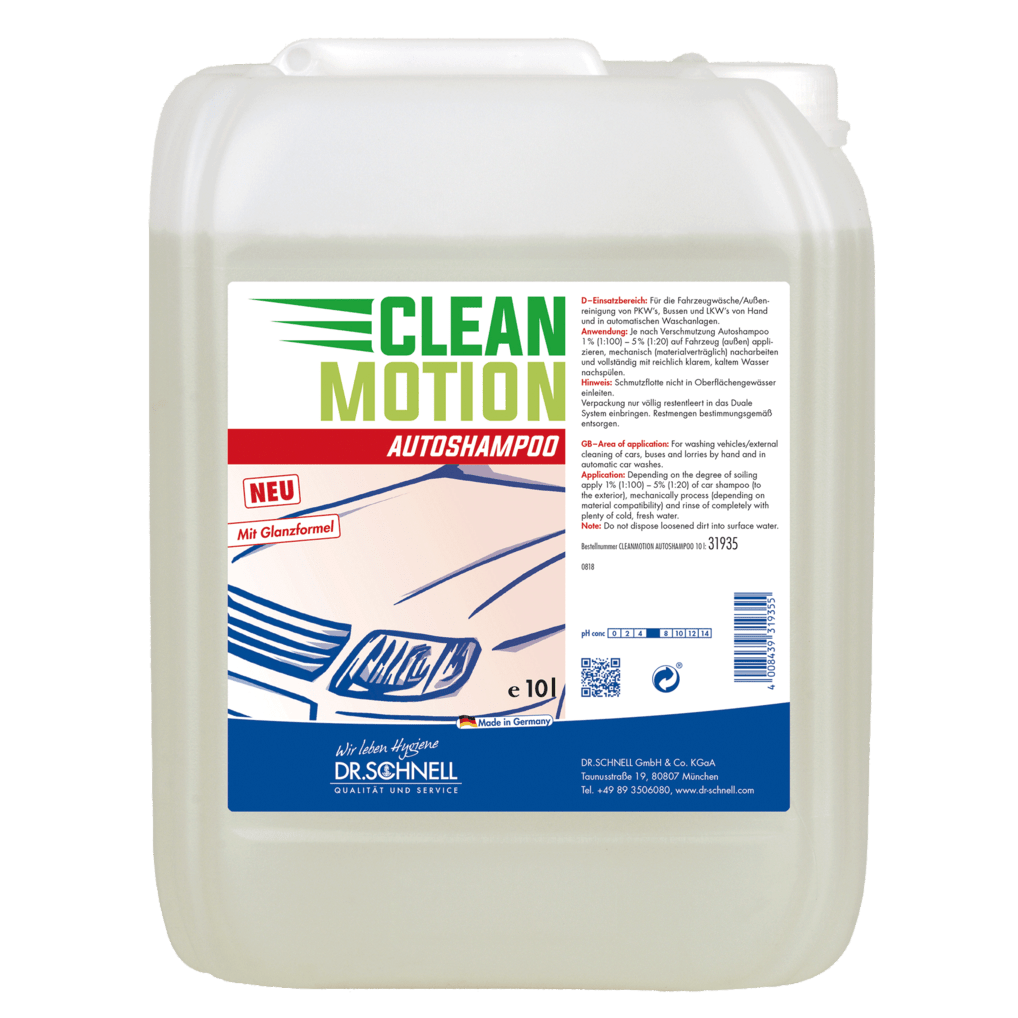 A 10-liter plastic container of Dr. Schnell CLEANMOTION CAR SHAMPOO by DR.SCHNELL GmbH & Co. KGaA, ideal for professional car washing. The label shows a car, German product information, and instructions for use; the liquid is clear or light.