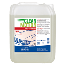 A 10-liter plastic container of Dr. Schnell CLEANMOTION CAR SHAMPOO by DR.SCHNELL GmbH & Co. KGaA, ideal for professional car washing. The label shows a car, German product information, and instructions for use; the liquid is clear or light.