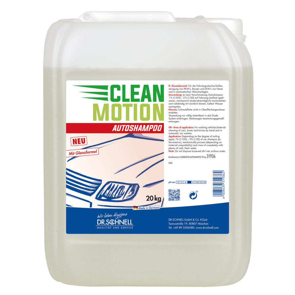 A 20-kg plastic container of Dr. Schnell CLEANMOTION CAR SHAMPOO by DR.SCHNELL GmbH & Co. KGaA, with a white lid and a German label featuring a car motif. The light yellow liquid ensures effective vehicle cleaning for professionals.