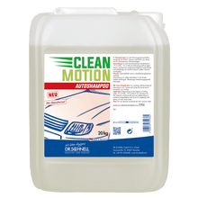 A 20-kg plastic container of Dr. Schnell CLEANMOTION CAR SHAMPOO by DR.SCHNELL GmbH & Co. KGaA, with a white lid and a German label featuring a car motif. The light yellow liquid ensures effective vehicle cleaning for professionals.