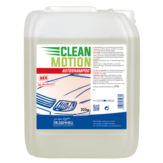 A 20-kg plastic container of Dr. Schnell CLEANMOTION CAR SHAMPOO by DR.SCHNELL GmbH & Co. KGaA, with a white lid and a German label featuring a car motif. The light yellow liquid ensures effective vehicle cleaning for professionals.