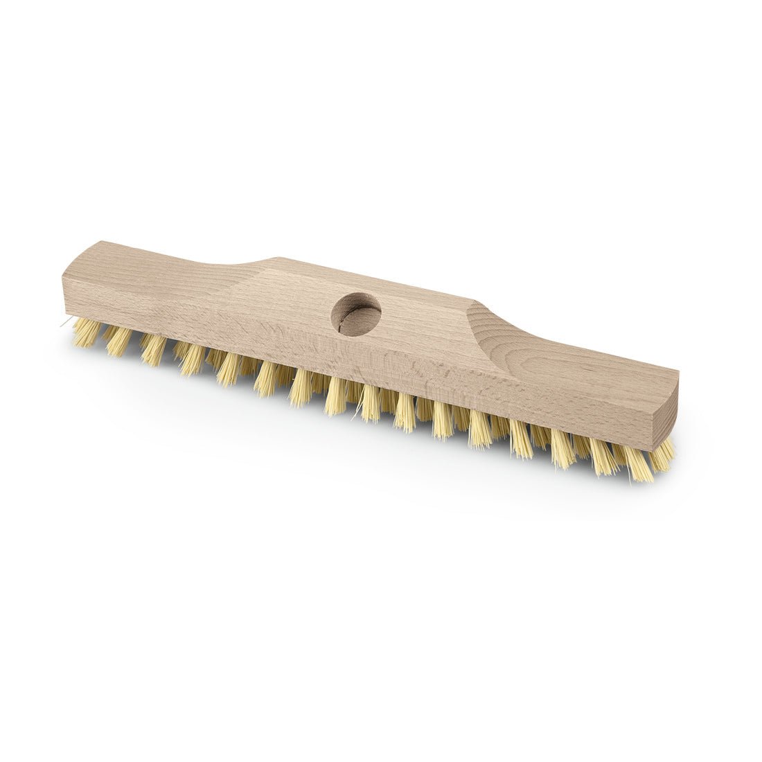 The Nölle Profi Brush Wiper Fibre Replacement 29 cm from Nölle Profi Brush Bürsten- & Pinseltechnik e.K. is a wooden brush head with stiff, light bristles and a center hole for handle attachment, depicted on a white background.