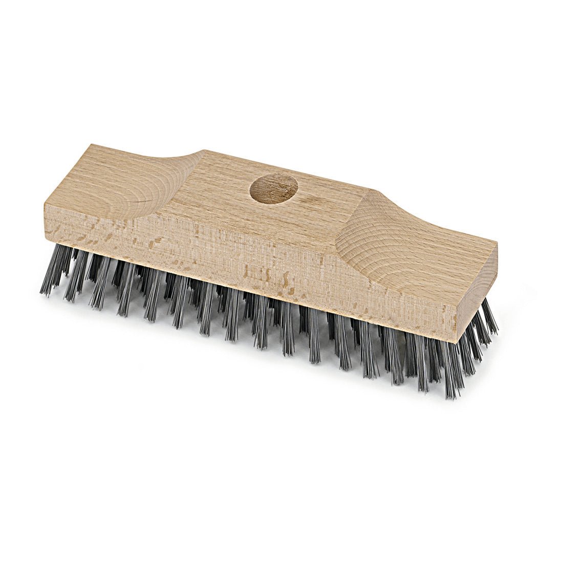 The Nölle Profi Brush Steel Wire Scrubber 22 cm features densely packed, stiff metal bristles and a central hole for handle attachment - perfect for effective cleaning of hard surfaces. By Nölle Profi Brush Bürsten- & Pinseltechnik e.K.