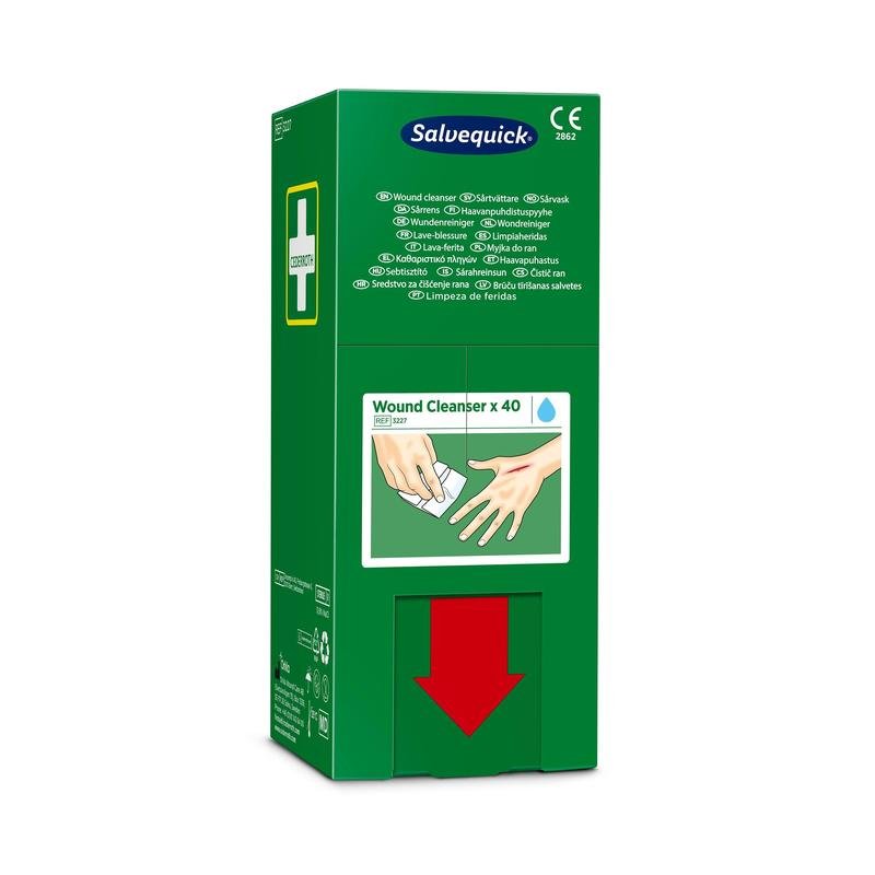 The green box (40 pieces) from Orkla Wound Care AB Salvequick savett wound cleaner (0.9% NaCl, sterile) is marked with a white cross, multilingual text, an illustration for cleaning hands, and a large red arrow pointing downwards on the lower part.