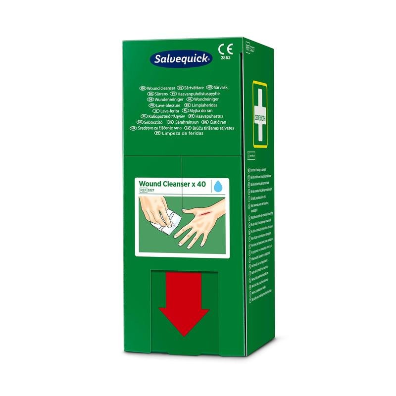 A green box labeled "Salvequick savett wound cleaner (0.9% NaCl, sterile) 40 pieces" from Orkla Wound Care AB contains 40 wound cleaning wipes. The front shows hands with a cloth, multilingual information, and a red arrow pointing downwards.