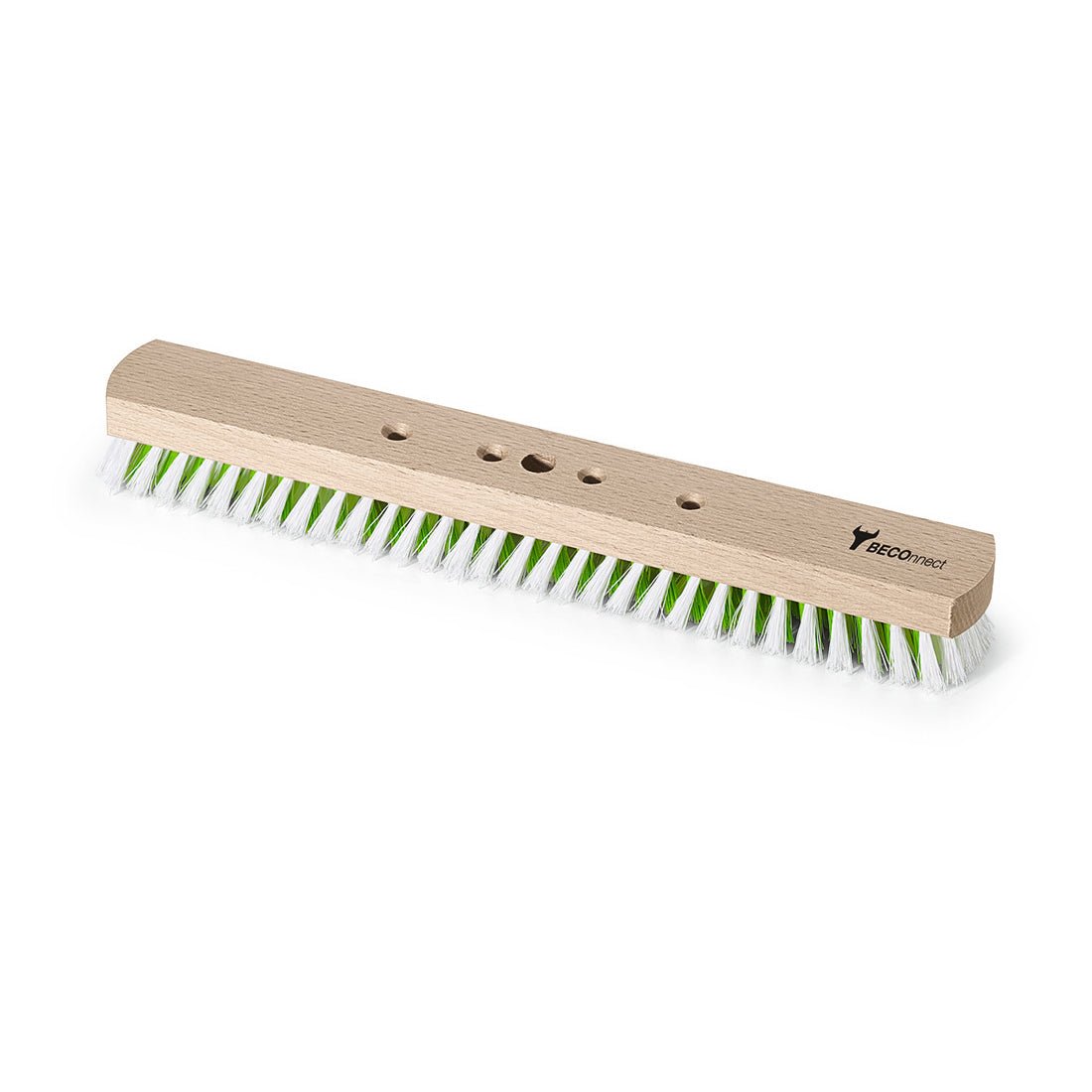 The Nölle Profi Brush BECOnnect Large Area Scrubber 40 cm, with white and green PP bristles, is depicted from above on a white background and has three holes for handle attachment. Brand: Nölle Profi Brush Bürsten- & Pinseltechnik e.K.