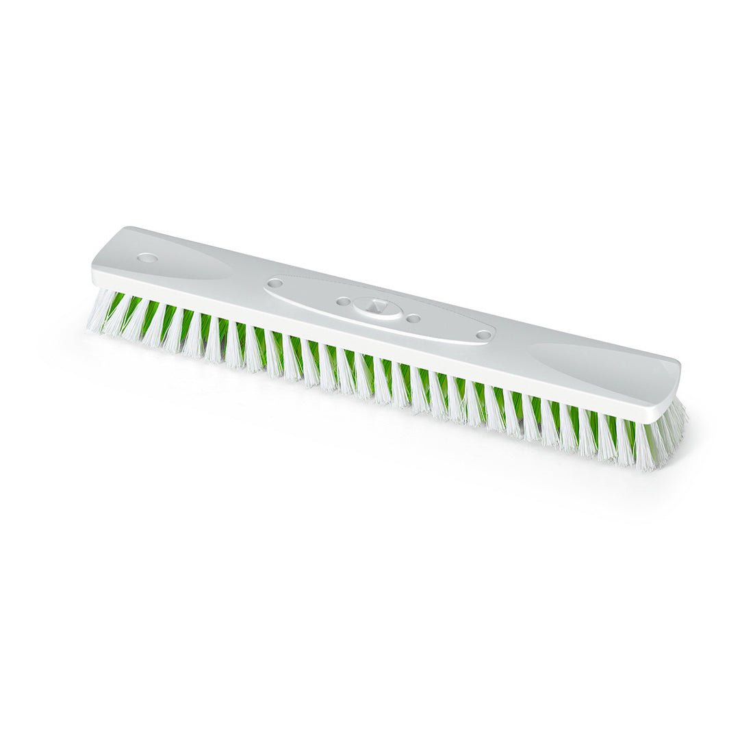 The Nölle Profi Brush BECOnnect Wiper 40 cm with X-bristle made of plastic from Nölle Profi Brush Bürsten- & Pinseltechnik e.K. is a white-green, rectangular broom head with stiff X-bristles and a central hole for handle attachment.
