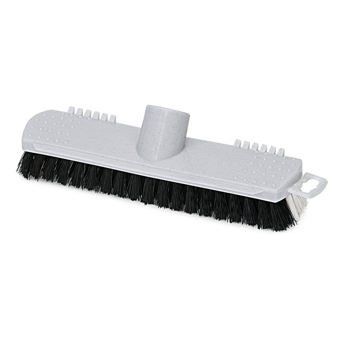 The Nölle Profi Scrubbing Brush, 22 cm PP hard with thread from Nölle Profi Brush Brush & Paint Technology e.K., features dense black bristles, a white attachment, textured grip surfaces, and hooks for hanging.