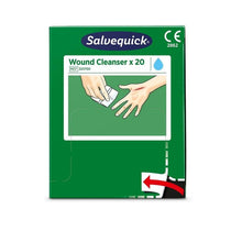 A green box of Orkla Wound Care AB's Salvequick savett wound cleaner (0.9% NaCl, sterile), pack of 20 pieces. The front shows another hand cleaning with a wipe, a water drop symbol, and the reference number 323700.