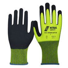 A pair of neon yellow NITRAS NYLOTEX SOFT HV nylon gloves from AS Arbeitsschutz GmbH with black details, a knitted cuff, and a durable partial latex foam coating on the palm.
