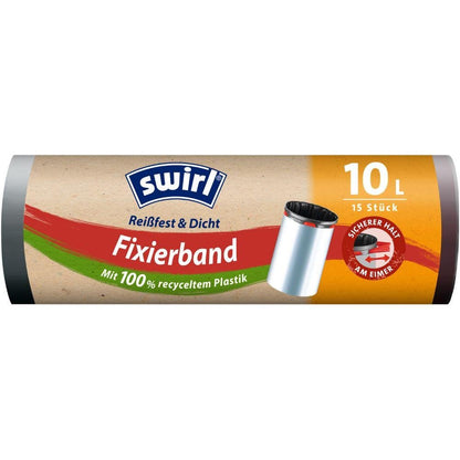 A roll of Swirl fixing tape garbage bags 10 l tear-resistant & sealed from Melitta Europa GmbH & Co. KG contains 15 bags made of 100% recycled plastic, with red, green, and blue German labeling for environmentally friendly waste disposal.