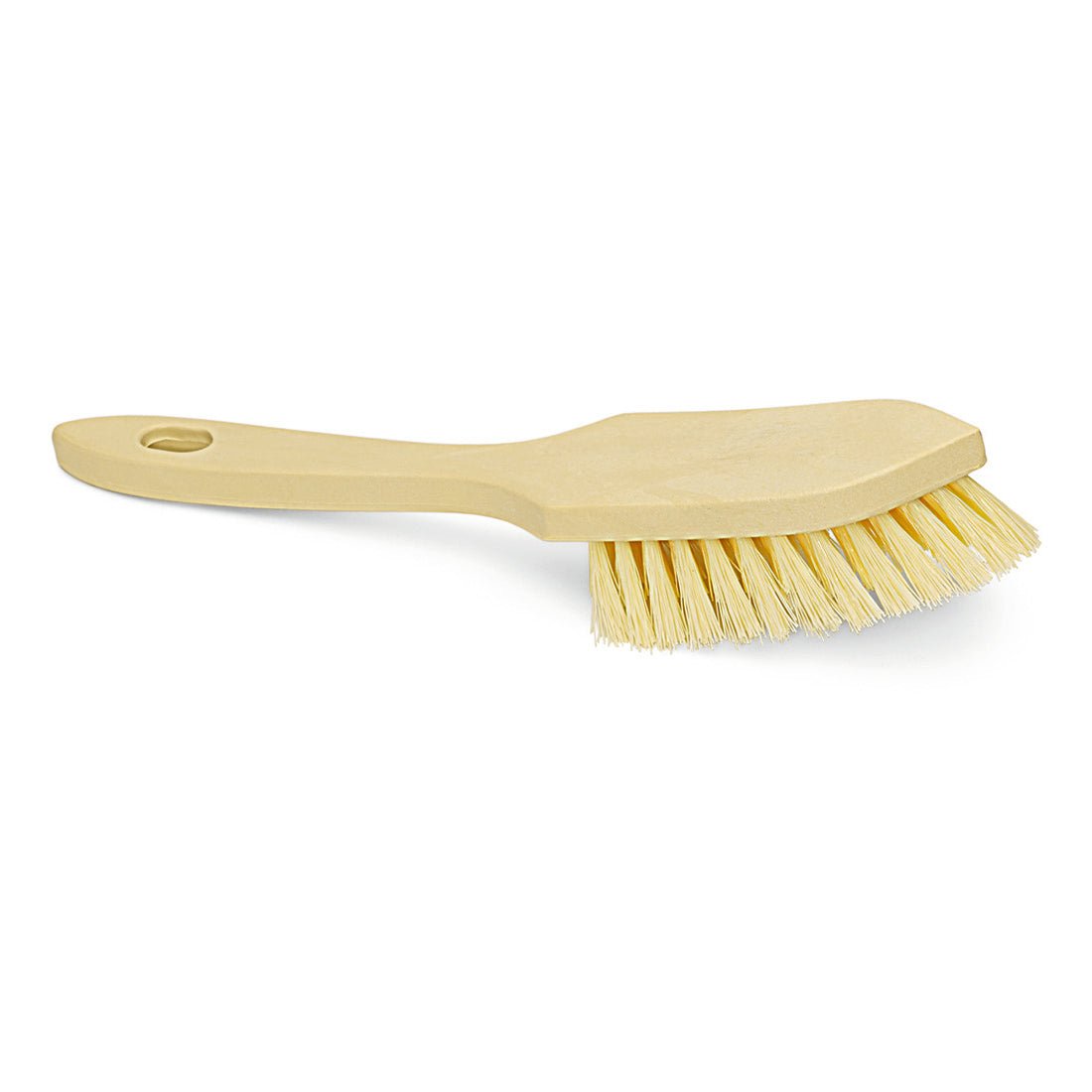 Pictured is a beige Nölle Profi Brush handle brush (28 cm) with a curved plastic handle and hard fiber replacement bristles from Nölle Profi Brush Bürsten- & Pinseltechnik e.K. on a white background, ideal for cleaning tasks.