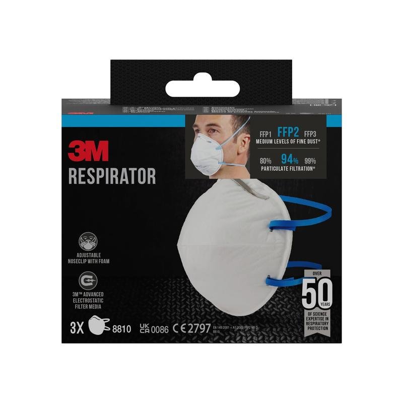 A box with 3M™ Particulate Respirator 8810, FFP2, without valve from 3M Deutschland GmbH. The package contains 3 masks with FFP2 protection, filtering at least 94% of particles and equipped with an adjustable nose clip. The image shows a person wearing the mask.