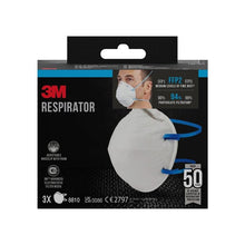 A box with 3M™ Particulate Respirator 8810, FFP2, without valve from 3M Deutschland GmbH. The package contains 3 masks with FFP2 protection, filtering at least 94% of particles and equipped with an adjustable nose clip. The image shows a person wearing the mask.