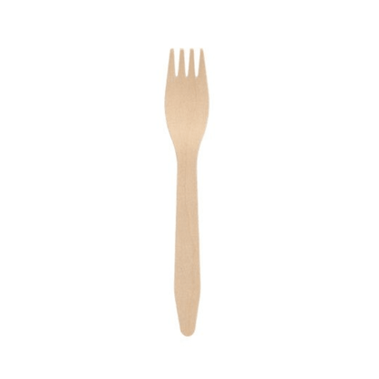 A single PAPSTAR wooden fork "pure" (16.5 cm), light brown with a flat handle and four short tines, rests on a simple white background - an eco-friendly choice for disposable tableware, from PAPSTAR GmbH (100 pieces folding box).
