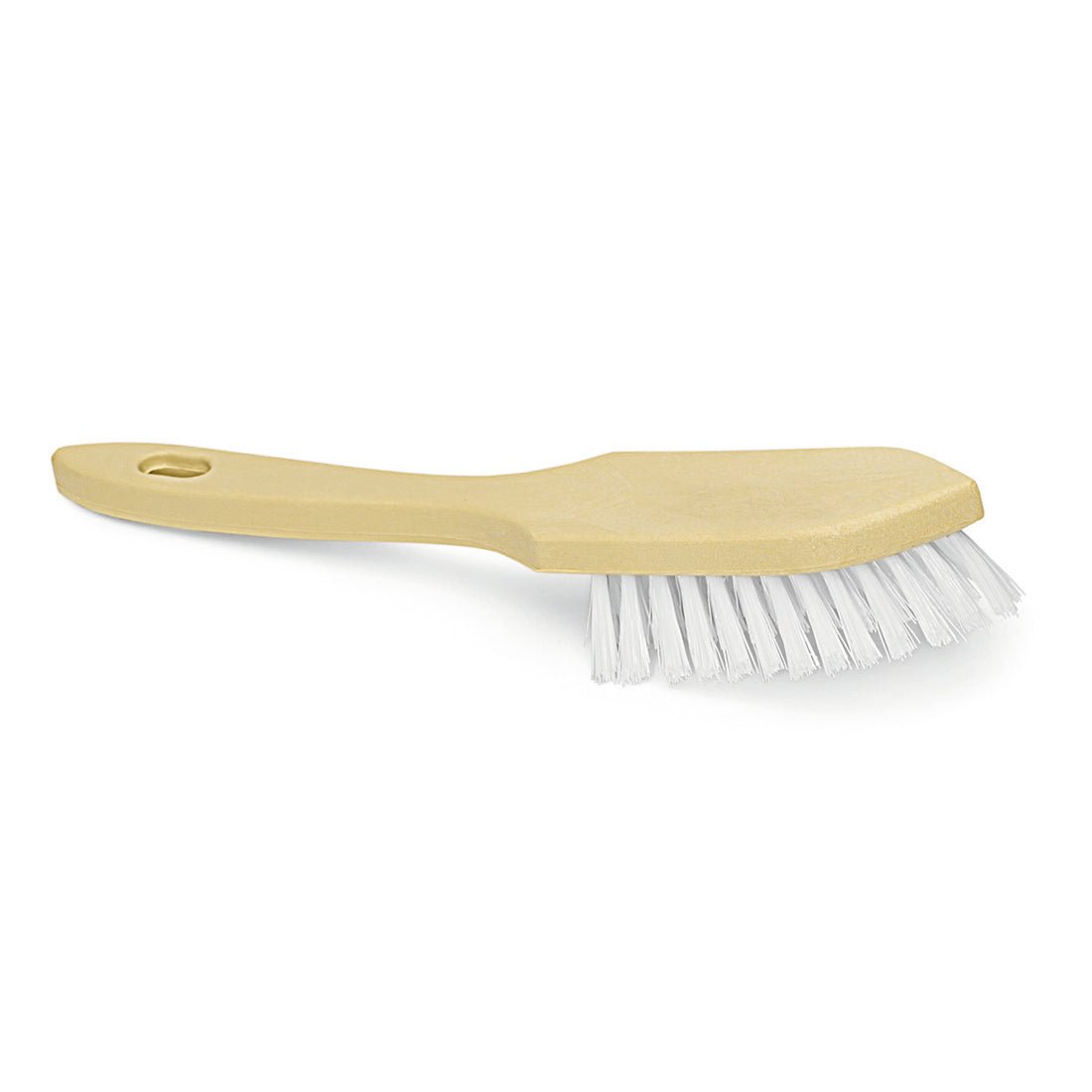 The Nölle Profi Brush handle brush/corner brush 28 cm (hard PP-white) from Nölle Profi Brush Brush & Paintbrush Technology e.K. features a beige plastic handle and robust white bristles, designed for efficient cleaning and easy hanging.