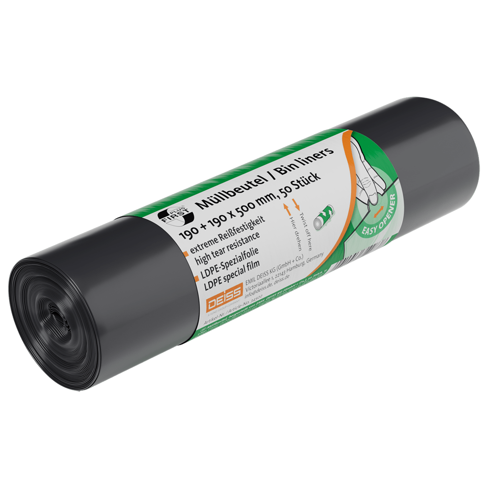 A roll of DEISS 34502 garbage bags (50 pieces, gray) from EMIL DEISS KG is equipped with a green-white German/English label showing a hand pulling a bag and highlighting the tear resistance, the LDPE special film, and the suitability for waste disposal.