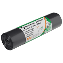 A roll of DEISS 34502 garbage bags (50 pieces, gray) from EMIL DEISS KG is equipped with a green-white German/English label showing a hand pulling a bag and highlighting the tear resistance, the LDPE special film, and the suitability for waste disposal.