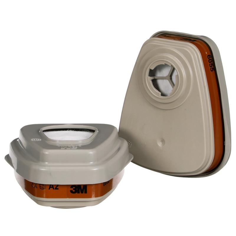 Two beige, rectangular 3M™ Filter Set 6002-1 A2P2 cartridges (2x6055, 2x5925, 2x501) from 3M Deutschland GmbH with orange label and visible white filters for respirators against organic vapors.