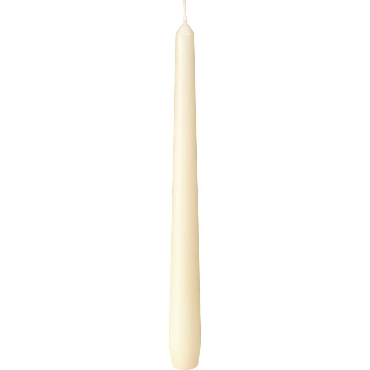 A tall, unlit Duni GmbH taper candle (approx. 7h, 250 x 22 mm) with a smooth ivory surface and visible wick stands against a plain white background.