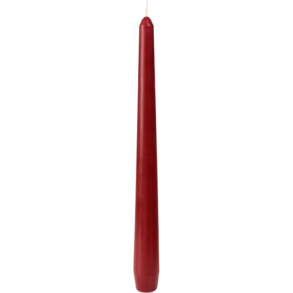 A single dark red taper candle from Duni GmbH (250 x 22 mm, approx. 7h burn time) with a slightly pointed tip and visible wick stands upright against a white background.
