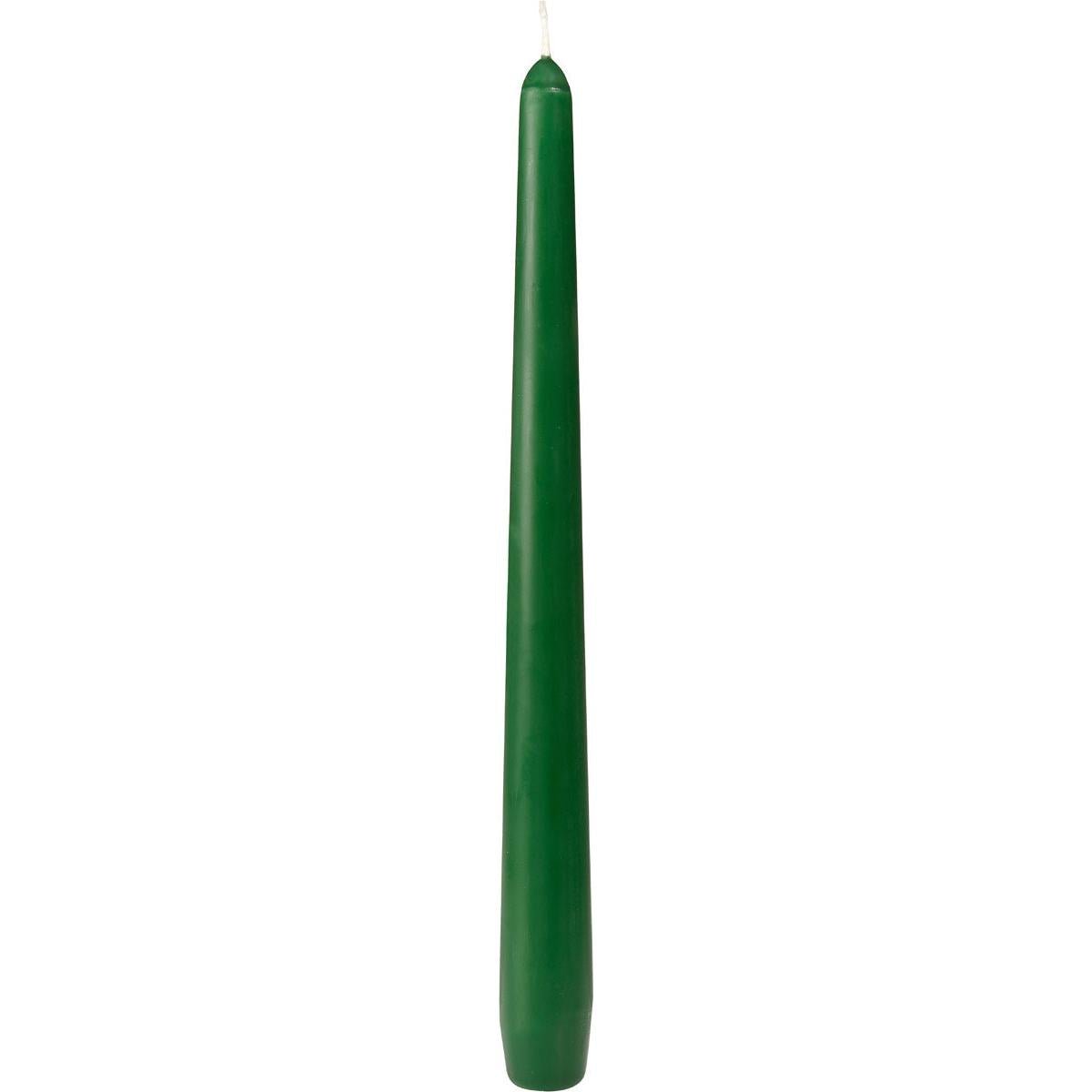 A tall, solid green taper candle from Duni GmbH (250 x 22 mm) with a white wick stands upright on a white base and offers around 7 hours of burn time.