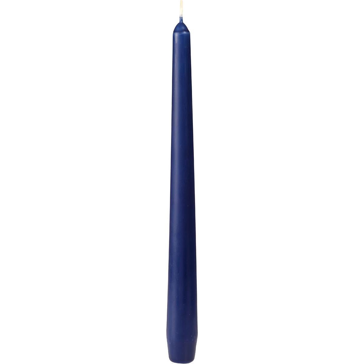 A single dark blue taper candle from Duni GmbH (250 x 22 mm, approx. 7h burn time), with a pointed tip and visible wick, stands upright against a white background.