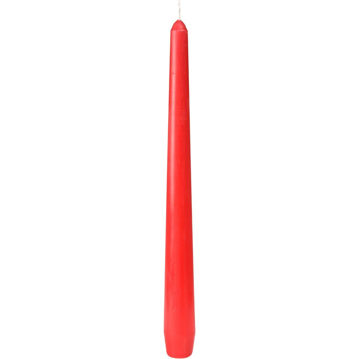 A tall, unlit red Duni GmbH taper candle (approx. 7h burn time, 250 x 22 mm) with a pointed tip and visible wick stands upright against a white background.