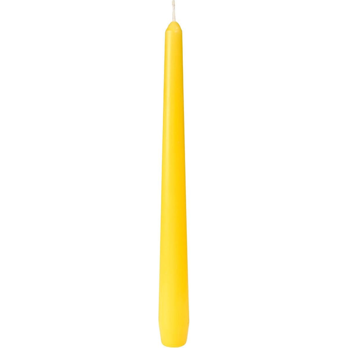 A tall, unlit yellow taper candle from Duni GmbH, approx. 7h burn time, 250 x 22 mm with a smooth surface and white wick, depicted against a white background.