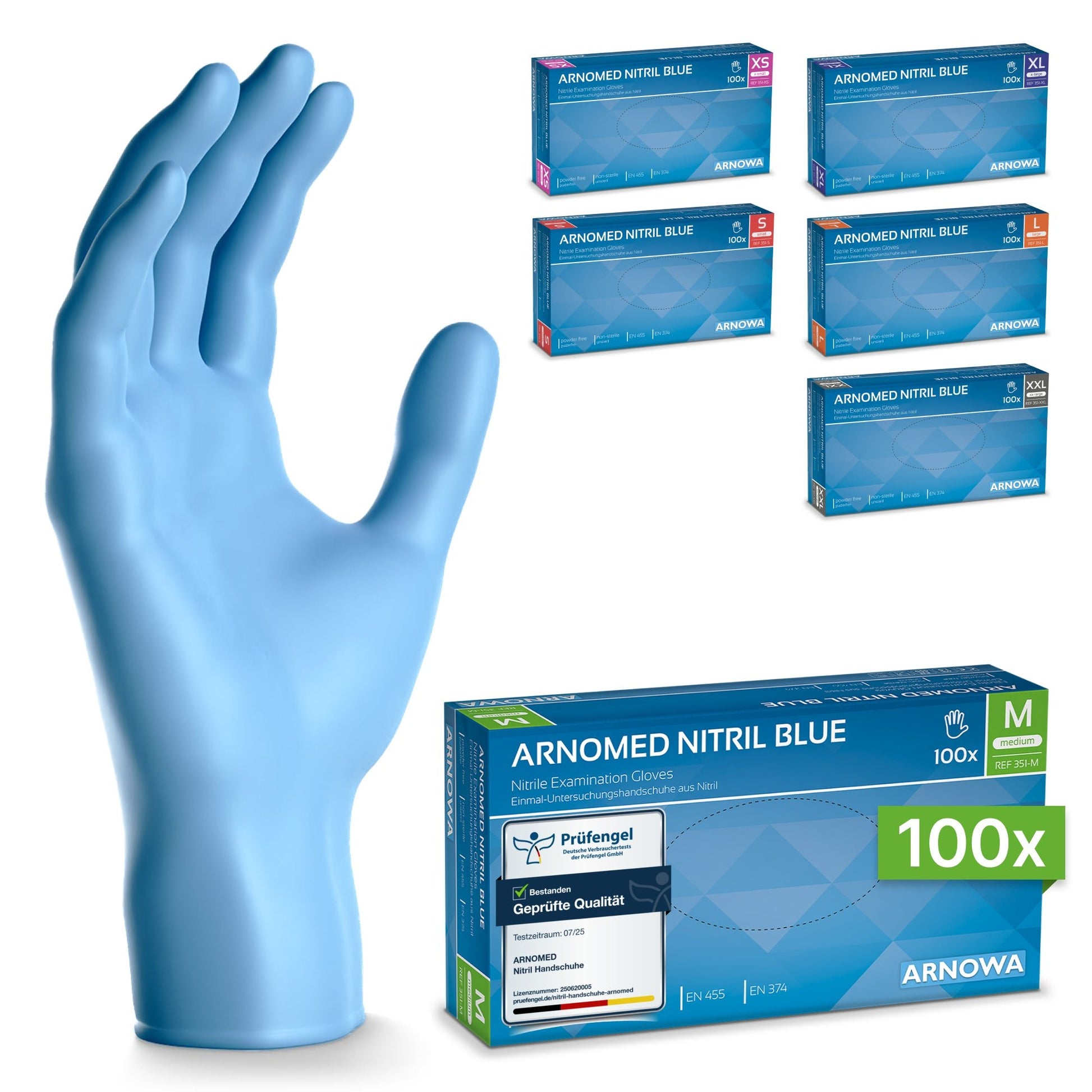 On the left is a blue ARNOMED NITRIL BLUE tear-resistant disposable glove from ARNOWA GmbH shown upright. On the right are six boxes of these latex-free gloves in various sizes, with a box labeled "100x" size M in front of them.
