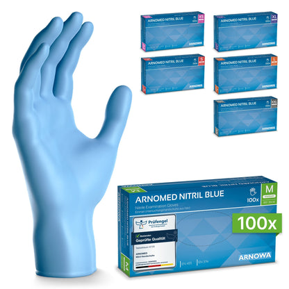 On the left is a blue ARNOMED NITRIL BLUE tear-resistant disposable glove from ARNOWA GmbH shown upright. On the right are six boxes of these latex-free gloves in various sizes, with a box labeled "100x" size M in front of them.