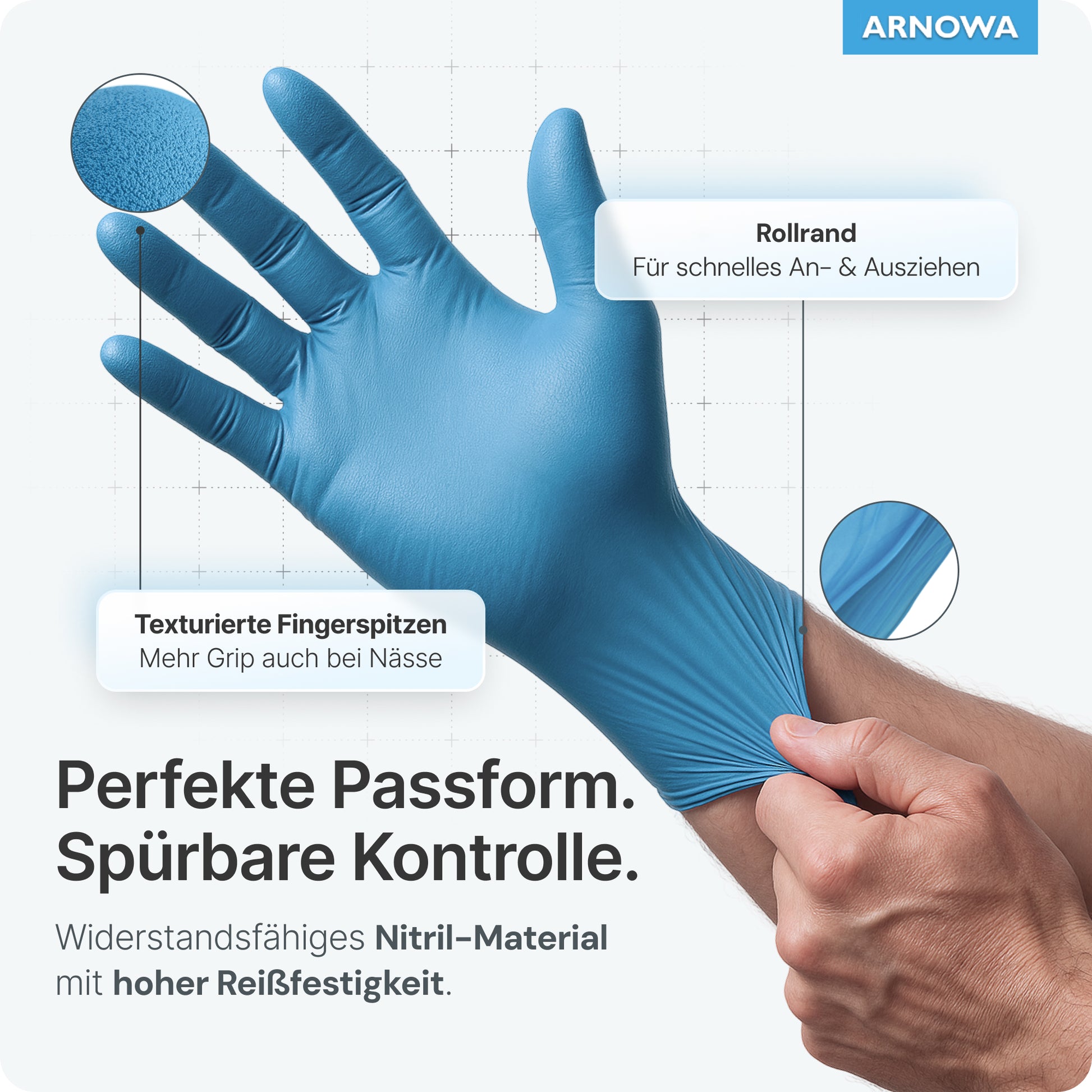 A user wears ARNOMED NITRIL BLUE tear-resistant disposable gloves made of nitrile from ARNOWA GmbH, characterized by textured fingertips, a smooth rolled edge, and a good fit. German labels note tear-resistant fit, good control, and high durability.
