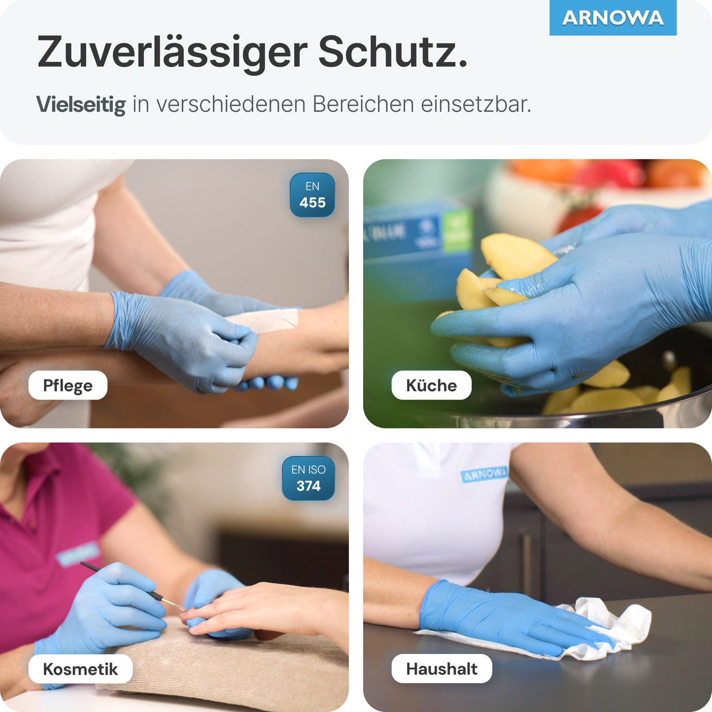 Collage: Four photos show ARNOMED NITRIL BLUE tear-resistant disposable gloves made of nitrile (ARNOWA GmbH) in use in care, kitchen, cosmetics & household. Latex- and powder-free - for reliable protection.