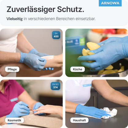 Collage: Four photos show ARNOMED NITRIL BLUE tear-resistant disposable gloves made of nitrile (ARNOWA GmbH) in use in care, kitchen, cosmetics & household. Latex- and powder-free - for reliable protection.
