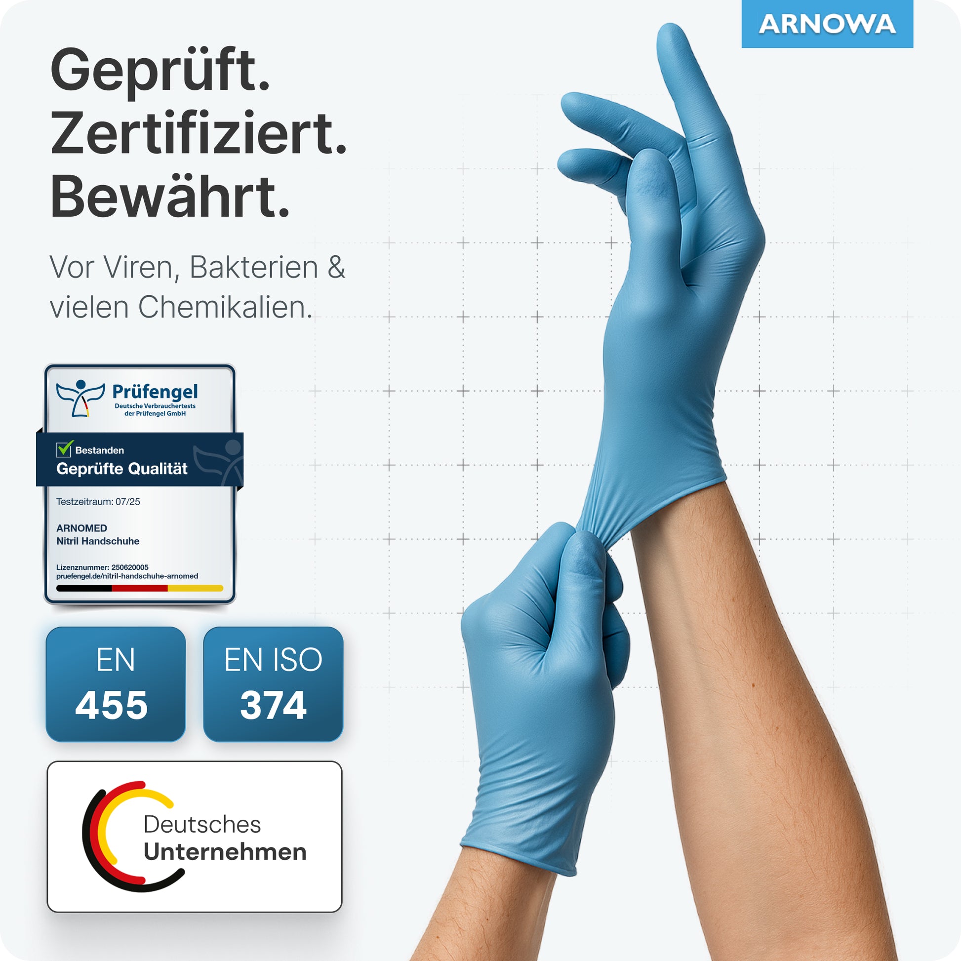 A person wears ARNOMED NITRIL BLUE tear-resistant disposable gloves made of blue nitrile from ARNOWA GmbH. German text emphasizes latex-free, protection against viruses, bacteria & chemicals. EN 455, EN ISO 374, and "German company" logos are visible.