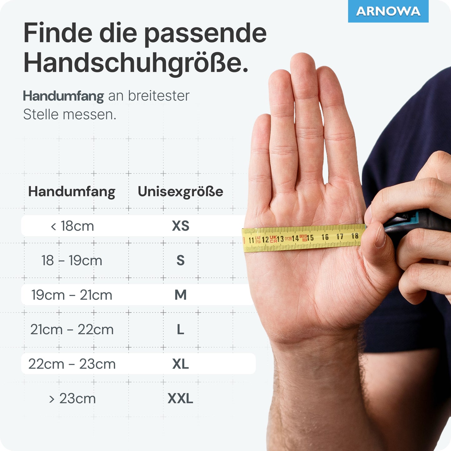 A hand is measured at its widest point with a yellow band next to a German size chart for ARNOMED NITRIL BLUE tear-resistant disposable gloves made of blue nitrile from ARNOWA GmbH. Latex-free gloves available in sizes XS (<18 cm) to XXL (>23 cm).