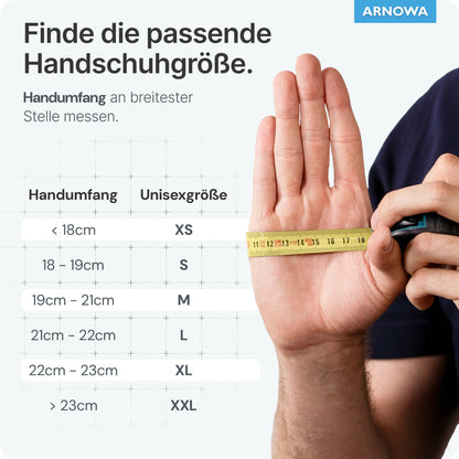 A hand is measured at its widest point with a yellow band next to a German size chart for ARNOMED NITRIL BLUE tear-resistant disposable gloves made of blue nitrile from ARNOWA GmbH. Latex-free gloves available in sizes XS (<18 cm) to XXL (>23 cm).