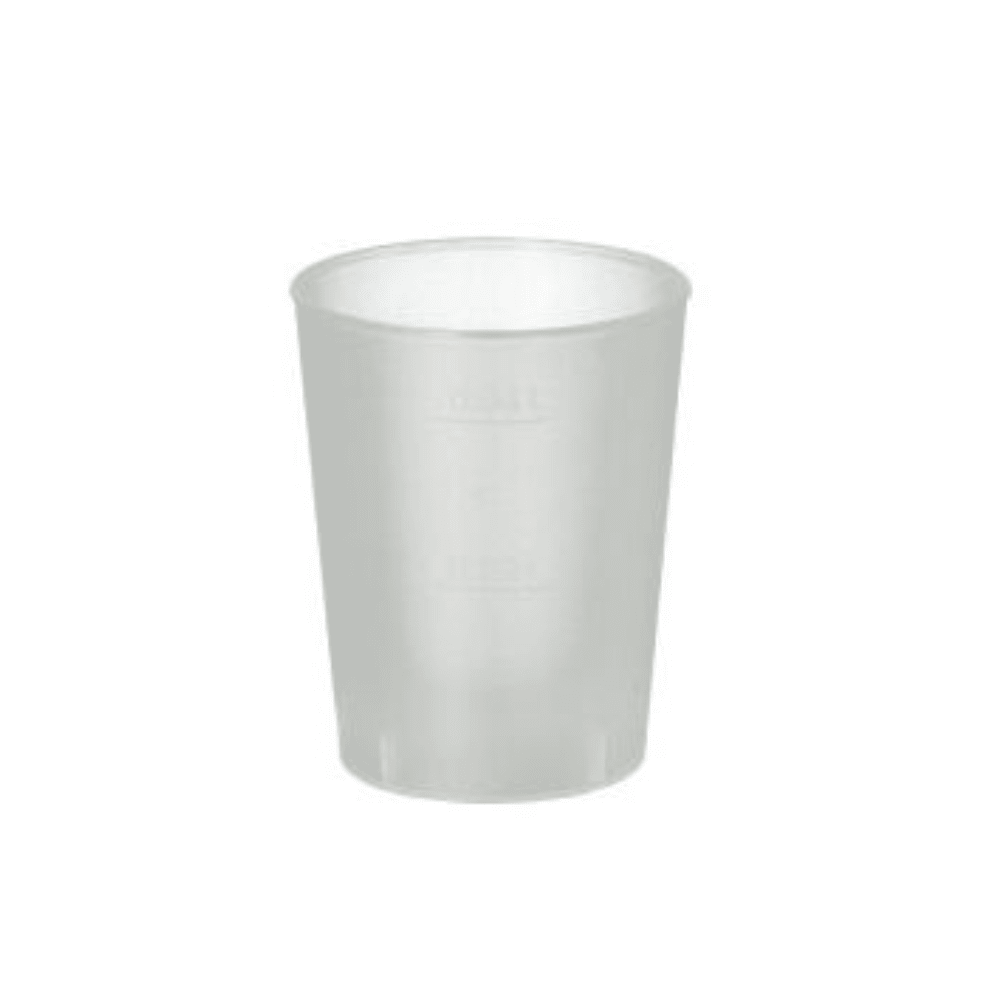 On a white background stands upright a Starpak reusable shot glass made of translucent, satin-finished plastic. It features a smooth surface, a cylindrical shape, and a slightly flared rim.