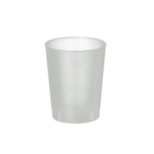 On a white background stands upright a Starpak reusable shot glass made of translucent, satin-finished plastic. It features a smooth surface, a cylindrical shape, and a slightly flared rim.