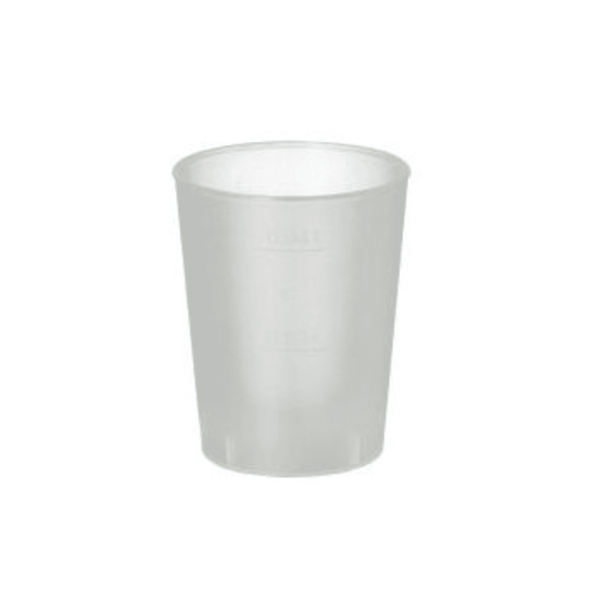 On a white background stands upright a Starpak reusable shot glass made of translucent, satin-finished plastic. It features a smooth surface, a cylindrical shape, and a slightly flared rim.