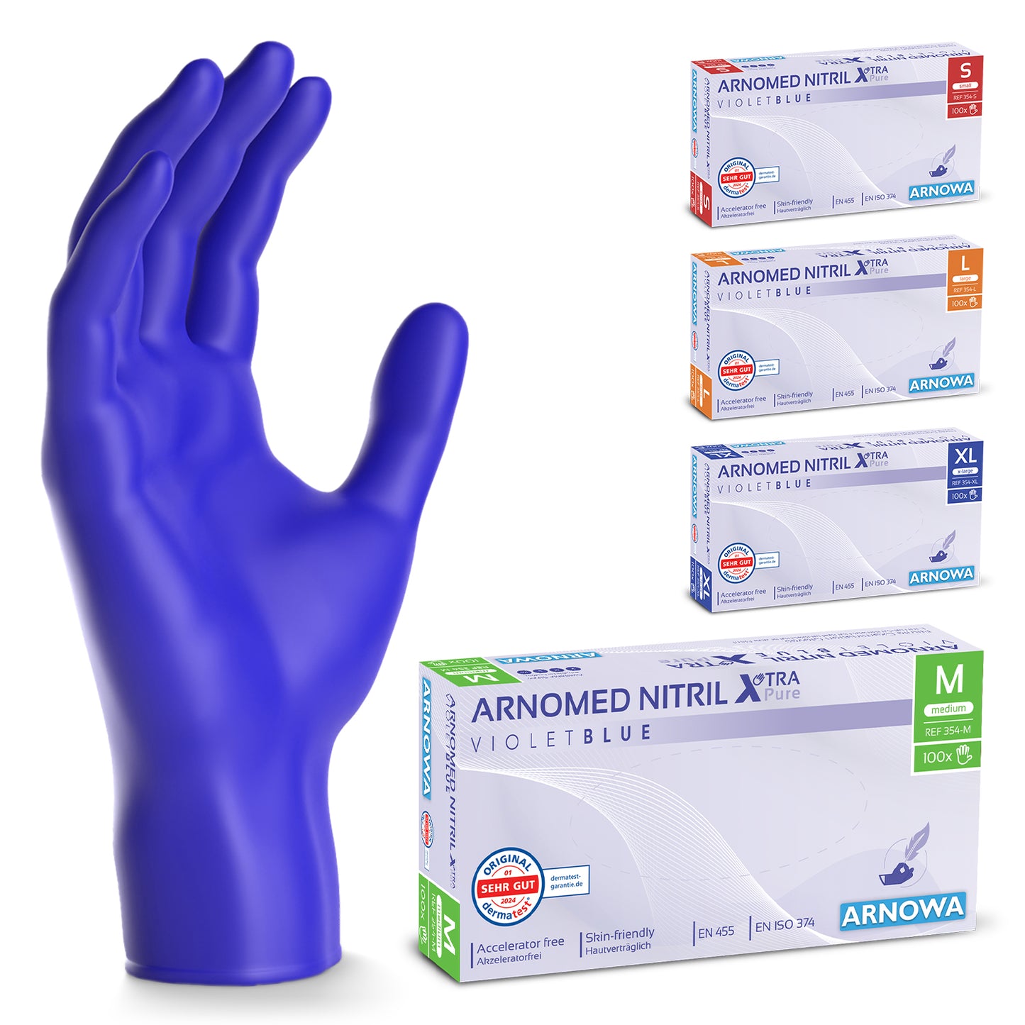 A raised right hand is wearing a violet-blue nitrile glove ARNOMED NITRIL XTRA PURE by ARNOWA GmbH. Five boxes of these skin-friendly, accelerator-free disposable gloves are depicted, with the green (M) box in the foreground.