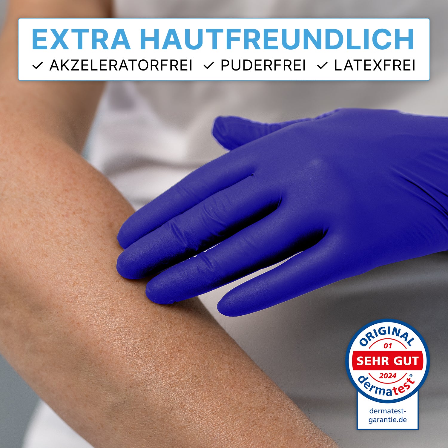 A person is wearing ARNOMED NITRIL XTRA PURE disposable gloves from ARNOWA GmbH and touching an arm - the image emphasizes the dermatest-tested skin compatibility of the latex- and powder-free, accelerator-free nitrile gloves.