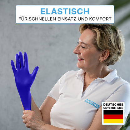 A woman in a white "ARNOWA" polo shirt smiles while putting on ARNOMED NITRIL XTRA PURE skin-friendly & accelerator-free disposable nitrile gloves from ARNOWA GmbH. The image shows German text about elasticity, comfort, and a label "German company" with a flag.