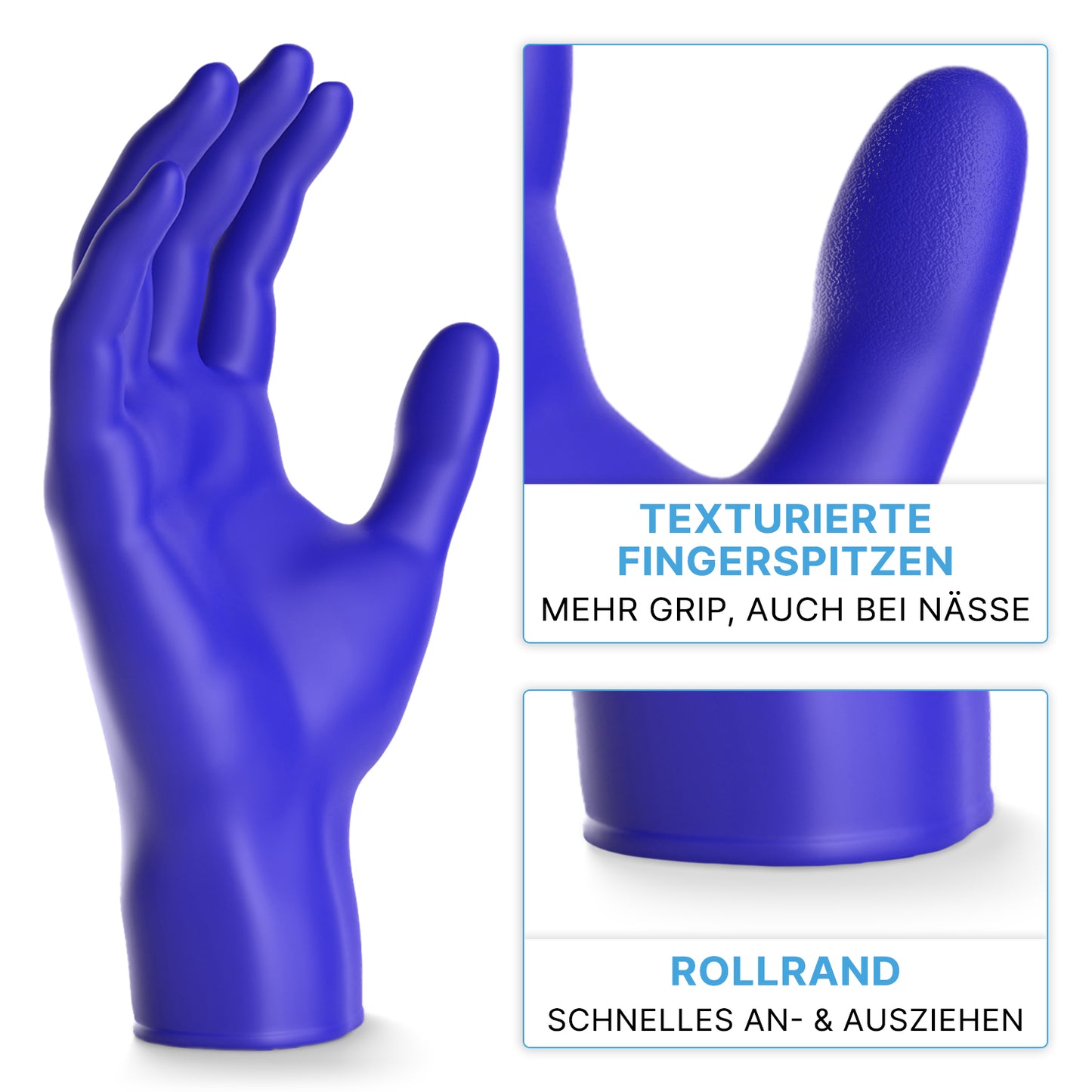 A blue ARNOMED NITRIL XTRA PURE disposable glove from ARNOWA GmbH is depicted, with close-ups of the grippy, textured fingertips and a rolled cuff for easy handling. The German text highlights its skin-friendly, accelerator-free nitrile quality.