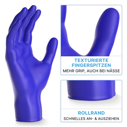 A blue ARNOMED NITRIL XTRA PURE disposable glove from ARNOWA GmbH is depicted, with close-ups of the grippy, textured fingertips and a rolled cuff for easy handling. The German text highlights its skin-friendly, accelerator-free nitrile quality.