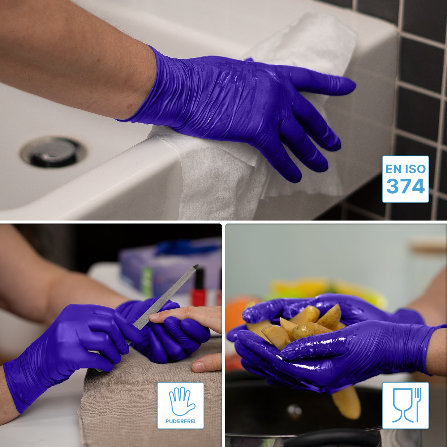 Three images show hands in ARNOMED NITRIL XTRA PURE disposable gloves from ARNOWA GmbH: cleaning, nail care, potato rinsing. Icons indicate food safety and sensitive skin - these nitrile gloves are accelerator-free and EN ISO 374 certified.